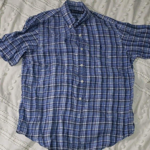 Ralph Lauren Blue and White Plaid Casual Button Down short sleeve Shirt large - Picture 1 of 4